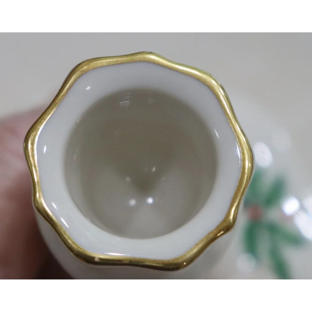 Lenox Holiday Candlestick Holder Holly Berry Gold Trim Ivory China Made in USA